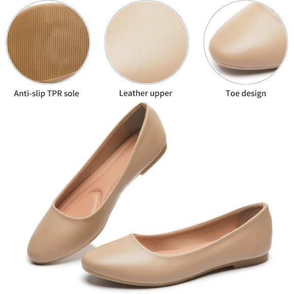 Women's Nude PU Leather Closed Toe Slip on Comfortable Ballet Flats Shoes - Picture 2 of 9